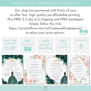 May include: Four Quincea&ntilde;era invitations with floral designs. The invitations feature a green, pink, and gold color scheme. The text on the invitations reads "Quincia&ntilde;era of their daughter Aurelia Clara".