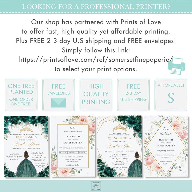 May include: Four Quincea&ntilde;era invitations with floral designs. The invitations feature a green, pink, and gold color scheme. The text on the invitations reads "Quincia&ntilde;era of their daughter Aurelia Clara".