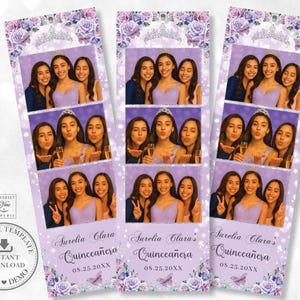 May include: Photo booth strips featuring three photos of young women in lavender dresses, with floral and tiara accents. The text reads "Surelia Clara's Quinceañera" and "08.25.20XX". The design includes a floral and tiara theme.