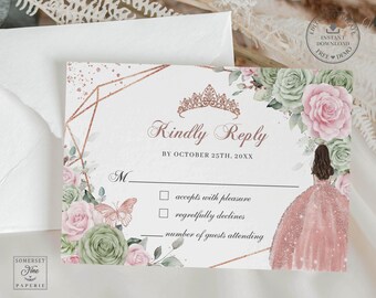 Puede incluir: Una tarjeta de confirmación de asistencia de boda con un diseño floral en rosa y verde. La tarjeta presenta un marco geométrico de oro rosa, una tiara y las palabras "Kindly Reply". La tarjeta incluye un espacio para el nombre y la respuesta del invitado.