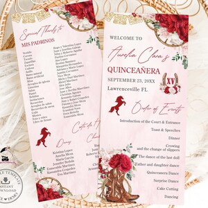 EDITABLE Red Blush Floral Cowboy Boots Charro Quinceanera Slim Program Quince Birthday Order of Events Padrinos Corte de Honor Download QC81