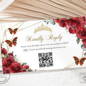 EDITABLE Template Red Floral Flowers Gold Butterflies Quinceañera RSVP Card QR Code Quince 15 xv Sweet 16 Birthday Printable Download QC13