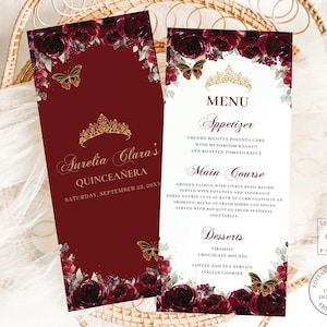 Burgundy Floral Roses Flowers Gold Quinceañera Slim Menu EDITABLE TEMPLATE Butterflies Sweet 16 Birthday XV 15 Quince Digital Download QC9