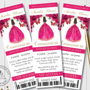 Fuchsia Hot Pink Floral Princess Quinceañera VIP Ticket Invitation EDITABLE TEMPLATE Quince 15 Birthday Instant Download Printable QC71