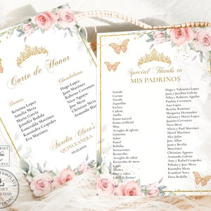 Blush Pink Floral Gold Quinceañera Padrinos List Corte de Honor Damas EDITABLE TEMPLATE Mis Quince 15 XV Birthday Download Printable BP1