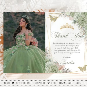 Boho Sage Green Floral Pampas Grass Quinceañera Photo Thank you Card EDITABLE TEMPLATE Quince 15 XV Sweet 16 Birthday Instant Download QC43
