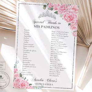 Pink Floral Roses Silver Quinceañera Mis Padrinos List Printable ...