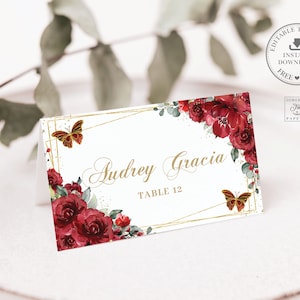 Red Floral Butterflies Gold Princess Place Cards Printable EDITABLE TEMPLATE Guest Name Quinceañera Sweet 16 Birthday INSTANT Download, QC13