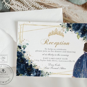 EDITABLE TEMPLATE Dark Navy Blue Floral Princess Gold Quinceañera Details Reception Card Sweet 16th Birthday Enclosure Instant Download QC17