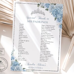 Baby Blue Floral Silver Quinceañera Mis Padrinos List Printable ...