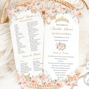 EDITABLE Slim Soft Blush Pink Floral Quinceanera Program Quince XV Birthday Printable Order of Events Padrinos Corte de Honor Download QC7