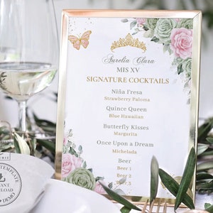 Sage Green Pink Floral Butterflies Gold Sweet 16 Cocktails Bar Menu Sign EDITABLE TEMPLATE Quinceañera 15 XV 16th Birthday Printable QC49