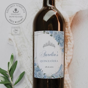 EDITABLE TEMPLATE Wine Bottle Labels Baby Blue Floral Cinderella Glass Slipper Quinceañera 15th Birthday Sweet 16 Printable Download QC18