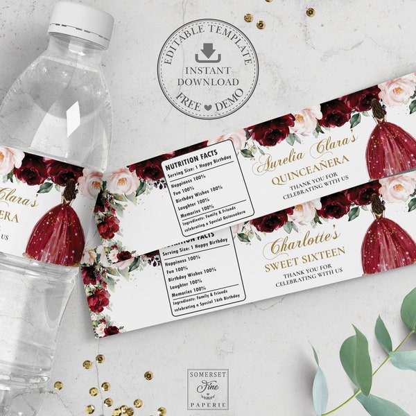 Burgundy Pink Floral Quinceanera Water Bottle Label, EDITABLE TEMPLATE, 15th 16th Birthday Wrapper Sticker Printable, INSTANT Download QC1