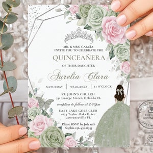 Sage Green Pink Floral Silver Princess Dress Quinceañera Invitation EDITABLE Template Mis Quince 15 16th Birthday Printable Download QC49