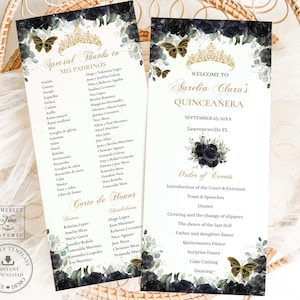 EDITABLE Slim Black Floral Roses Gold Quinceanera Program Quince XV Birthday Printable Order of Events Padrinos Corte de Honor Download QC25