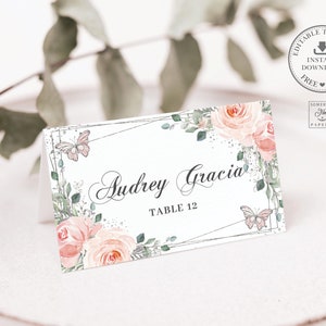 Blush Floral Butterflies Princess Silver Place Cards Printable EDITABLE TEMPLATE, Guest Names Quinceañera XV Sweet 16 Birthday Download QC7