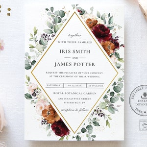 EDITABLE TEMPLATE Floral Wedding Invitation, Rich Burgundy Rust Burnt Orange Blush Pink Ivory Roses Geometric Printable INSTANT Download RB3