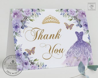 Purple Lilac Floral Folded Thank You Card Printable EDITABLE TEMPLATE, Quinceañera Princess Dress Gown Gold Crown Sweet 16th Birthday, QC3
