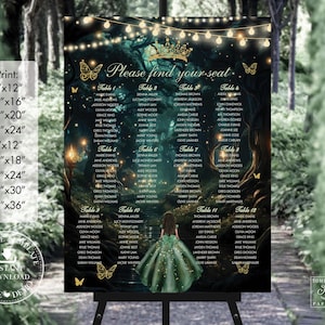May include: A seating chart with a fantasy forest theme, featuring a woman in a green gown. The chart includes the text "Please find your seat" and a list of names organized by table number. The print sizes range from 9"x12" to 24"x36".