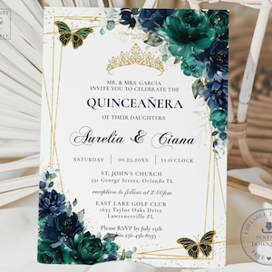 EDITABLE Navy Blue Emerald Green Floral Butterflies Gold Twins Quinceañera Invitation Mis Quince 15 Anos Sweet 16th Birthday Printable, QC63