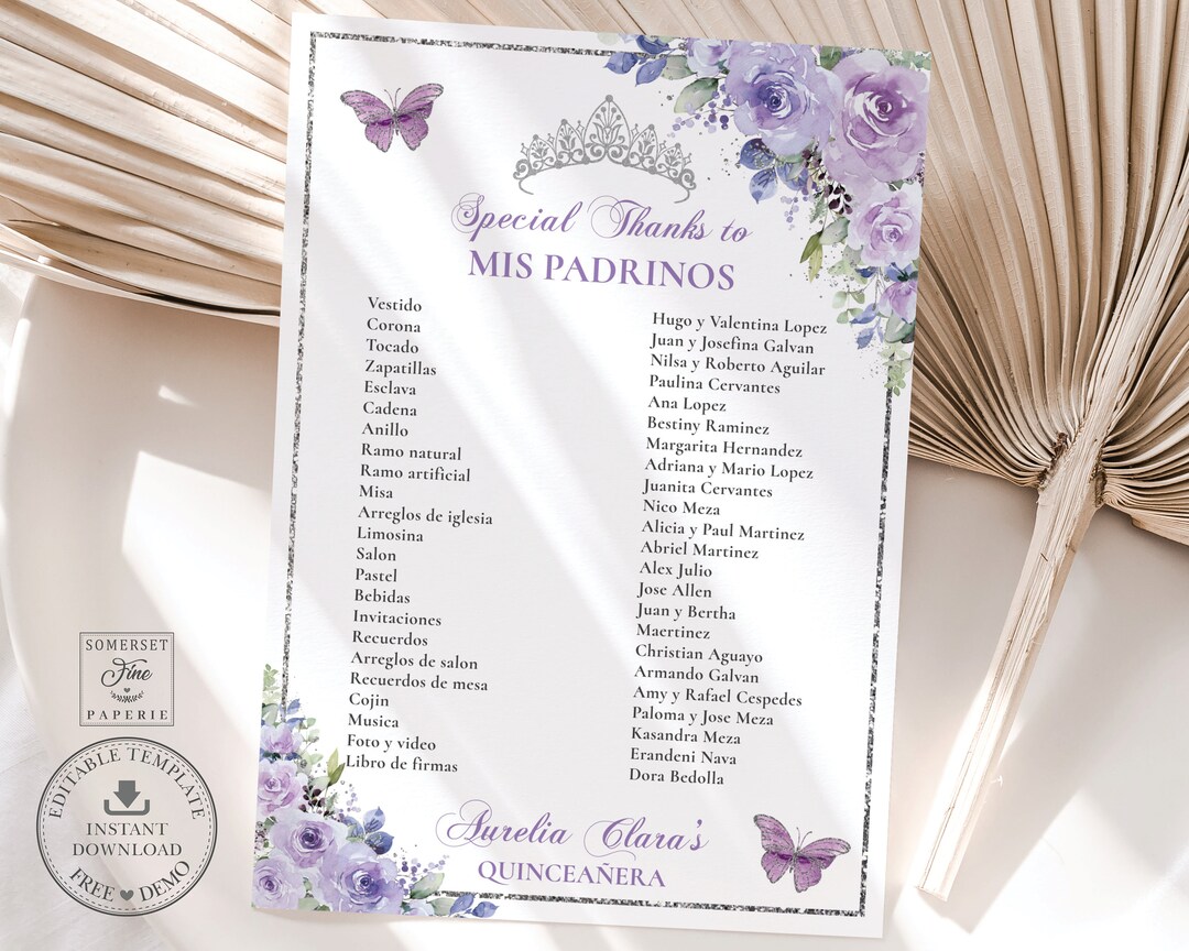Chic Purple Lilac Floral Quinceañera Padrinos List Printable EDITABLE ...