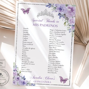 Chique Roxo Lilás Floral Quinceañera Padrinos Lista para impressão MODELO EDITÁVEL Mis Quince 15 Anos Silver Crown Aniversário Download INSTANTÂNEO QC3