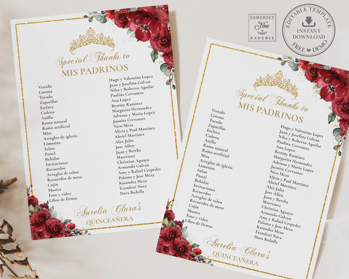 Red Roses Floral Quinceañera Mis Padrinos List Printable - Etsy Australia