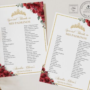 Red Roses Floral Quinceañera Mis Padrinos List Printable, EDITABLE ...