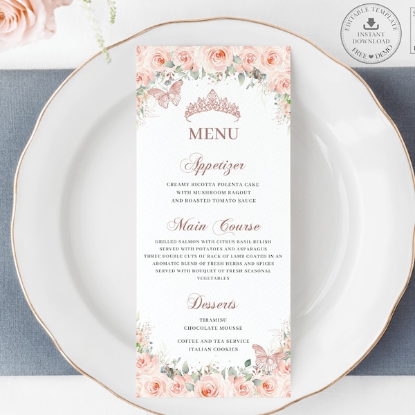 Blush Pink Floral Rose Gold Quinceañera Menu EDITABLE TEMPLATE Butterflies Sweet 16 Birthday Mis Quince Anos Printable INSTANT Download QC45