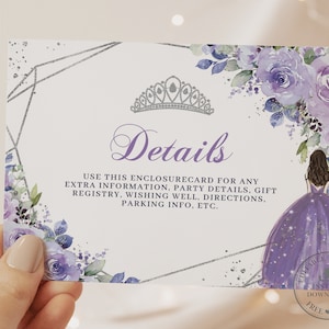 Purple Lilac Floral Quinceañera Details Card INSTANT Download, Mis Quince 15 Anos Birthday Enclosure Diy Editable Template PDF Printable QC3
