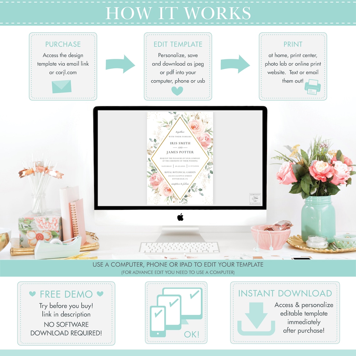 EDITABLE TEMPLATE Floral Wedding Invitation Blush Pink