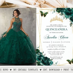 Emerald Green Floral Butterflies Quinceañera Photo Invitation EDITABLE TEMPLATE, Mis Quince 15 Anos Birthday Instant Download Printable, QC9