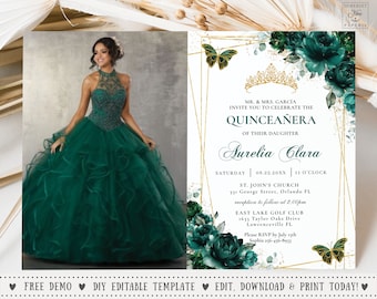 Emerald Green Floral Butterflies Quinceañera Photo Invitation EDITABLE TEMPLATE, Mis Quince 15 Anos Birthday Instant Download Printable, QC9