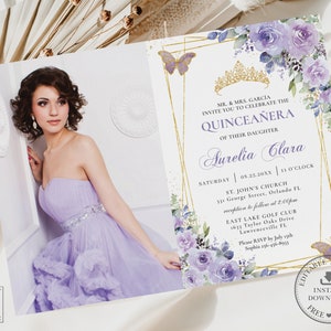 Purple Lilac Floral Butterflies Quinceañera Picture Invitation EDITABLE TEMPLATE, Mis Quince 15 Anos Birthday Instant Download Printable QC3
