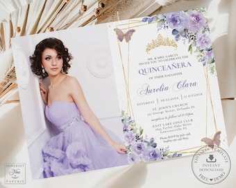 May include: Purple and gold Quinceañera invitation with a photo of the birthday girl in a lavender dress. The invitation features a gold crown, butterflies, and floral designs. The text reads "MR. & MRS. GARCÍA INVITE YOU TO CELEBRATE THE QUINCEAÑERA OF THEIR DAUGHTER Aurelia Clara SATURDAY | 05.25.20XX | 11 O'CLOCK ST. JOHN'S CHURCH 331 George Street, Orlando FL reception to follow at 2:00pm EAST LAKE GOLF CLUB 1633 Taylor Oaks Drive Lawrenceville FL Please RSVP by July 13th Sophia 256-456-8913"
