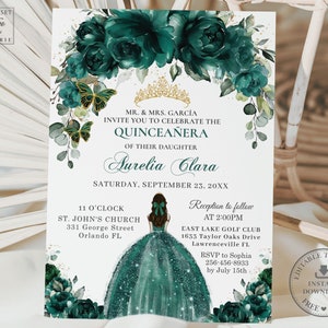 Smaragdgroene bloemenboog Quinceañera uitnodiging INSTANT DOWNLOAD, Mis Quince XV Sweet 16e verjaardag uitnodigen bewerkbare sjabloon afdrukbaar, QC9