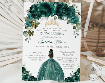 Smaragdgrüner Blumenbogen Quinceañora Einladung INSTANT DOWNLOAD, Mis Quince XV Sweet 16. Geburtstag Invite Editierbare Vorlage Printable, QC9