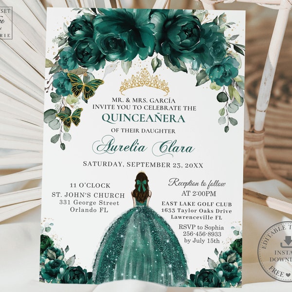 Emerald Green Floral Arch Quinceañera Invitation INSTANT DOWNLOAD, Mis Quince XV Sweet 16th Birthday Invite Editable Template Printable, QC9