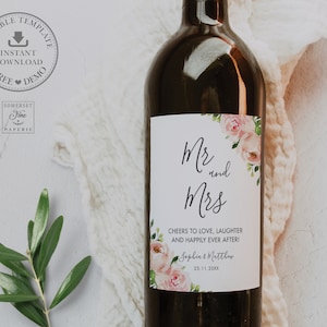 EDITABLE Wine Bottle Labels Elegant Blush Pink Floral Roses Flowers Cheers to Love Wedding Bridal Shower Birthday Baby Printable File BL1