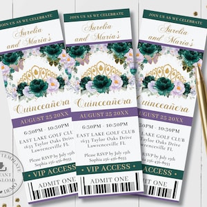 Emerald Purple Floral Gold Crown Butterfly Quinceañera VIP Ticket Invitation EDITABLE TEMPLATE Twins Quince Birthday Instant Printable QC44