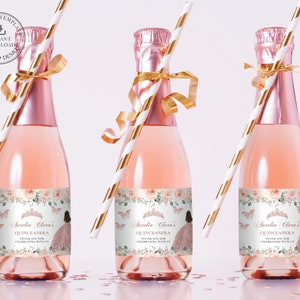 Blush Floral Rose Gold Princess Quinceanera Mini Champagne Bottle Label EDITABLE TEMPLATE 15th 16th Birthday Sticker INSTANT Download QC45