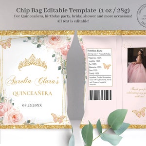 EDITABLE TEMPLATE Chip Bag Blush Pink Floral Butterflies Quinceañera Mis Quince 15 Sweet 16 Sixteen Birthday Favor Download Printable QC7
