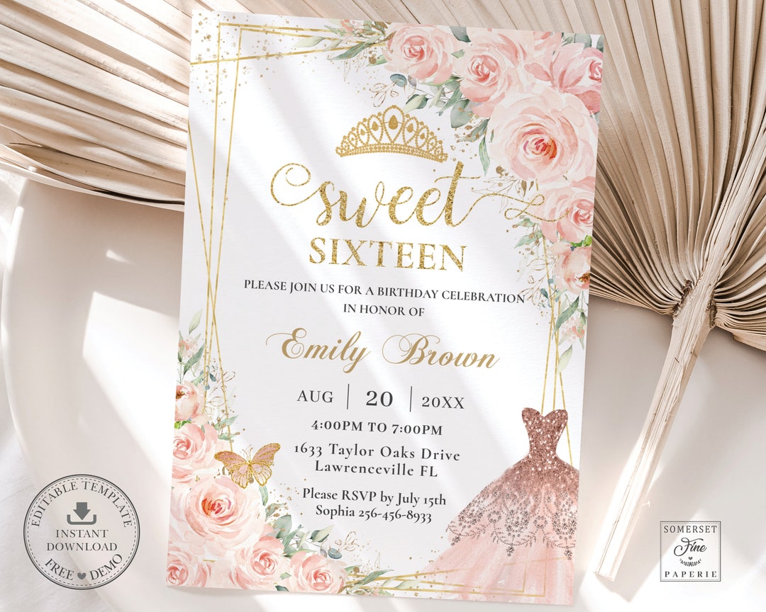 Blush Pink Floral Gold Sweet 16 Invitation EDITABLE TEMPLATE, Rose Gold ...
