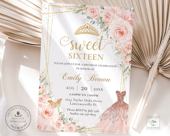 Blush Pink Floral Gold Sweet 16 Invitation EDITABLE TEMPLATE, Rose Gold  Gown Dress Princess Tiara Sixteen 16th Birthday Digital File, QC7 - Etsy  Canada