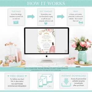 May include: A computer screen displaying a pink and gold Quincea&ntilde;era invitation template with a floral design. The text on the invitation reads "You are invited to celebrate the Quincea&ntilde;era of Aurelia Clara". The image also shows a step-by-step guide on how to purchase, edit, and print the template.