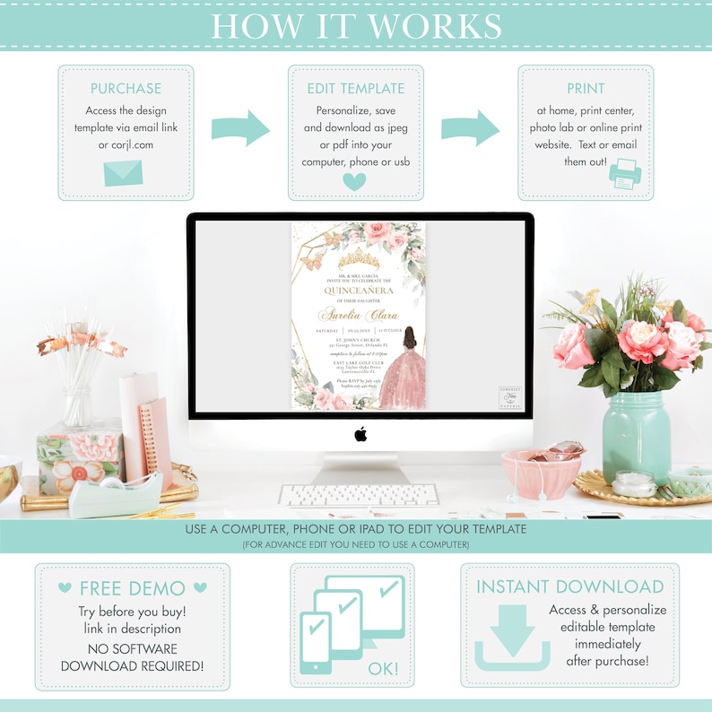 May include: A computer screen displaying a pink and gold Quincea&ntilde;era invitation template with a floral design. The text on the invitation reads "You are invited to celebrate the Quincea&ntilde;era of Aurelia Clara". The image also shows a step-by-step guide on how to purchase, edit, and print the template.