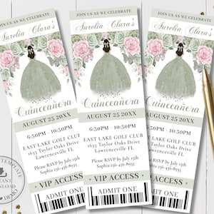 Sage Green Blush Floral Princess Silver Quinceañera Ticket VIP Invitation EDITABLE TEMPLATE Quince Sweet 15 Birthday Download Printable QC49