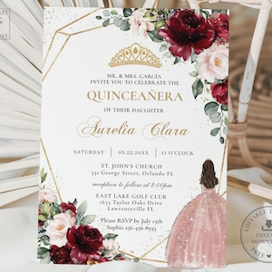 Burgundy Blush Floral Dress Quinceañera Invitation INSTANT DOWNLOAD, Mis Quince 15 Anos Birthday Invite Diy Editable Template Printable, QC1