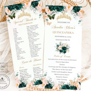 EDITABLE Slim Emerald Green Blush Floral Gold Quinceanera Program Quince XV Birthday Order of Events Padrinos Corte de Honor Download QC20